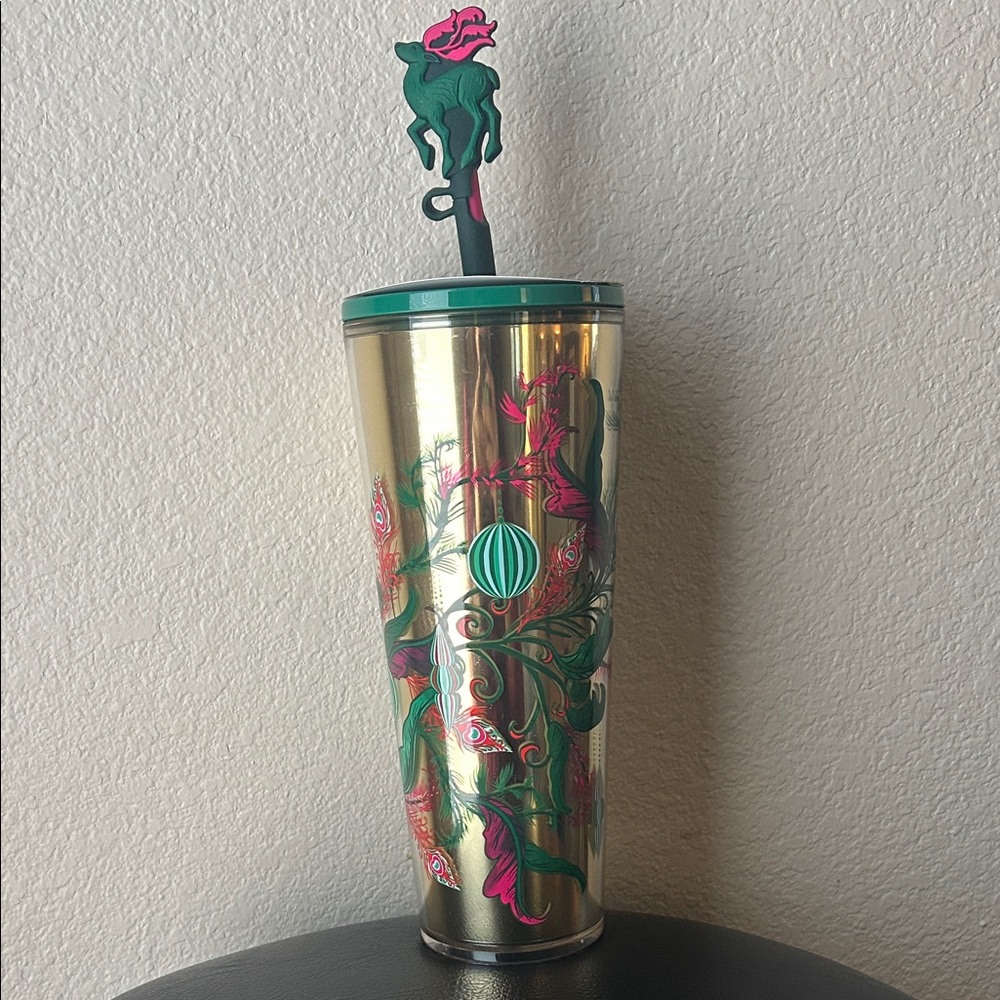 Starbucks Gold and Green Tumbler with Decorative Straw